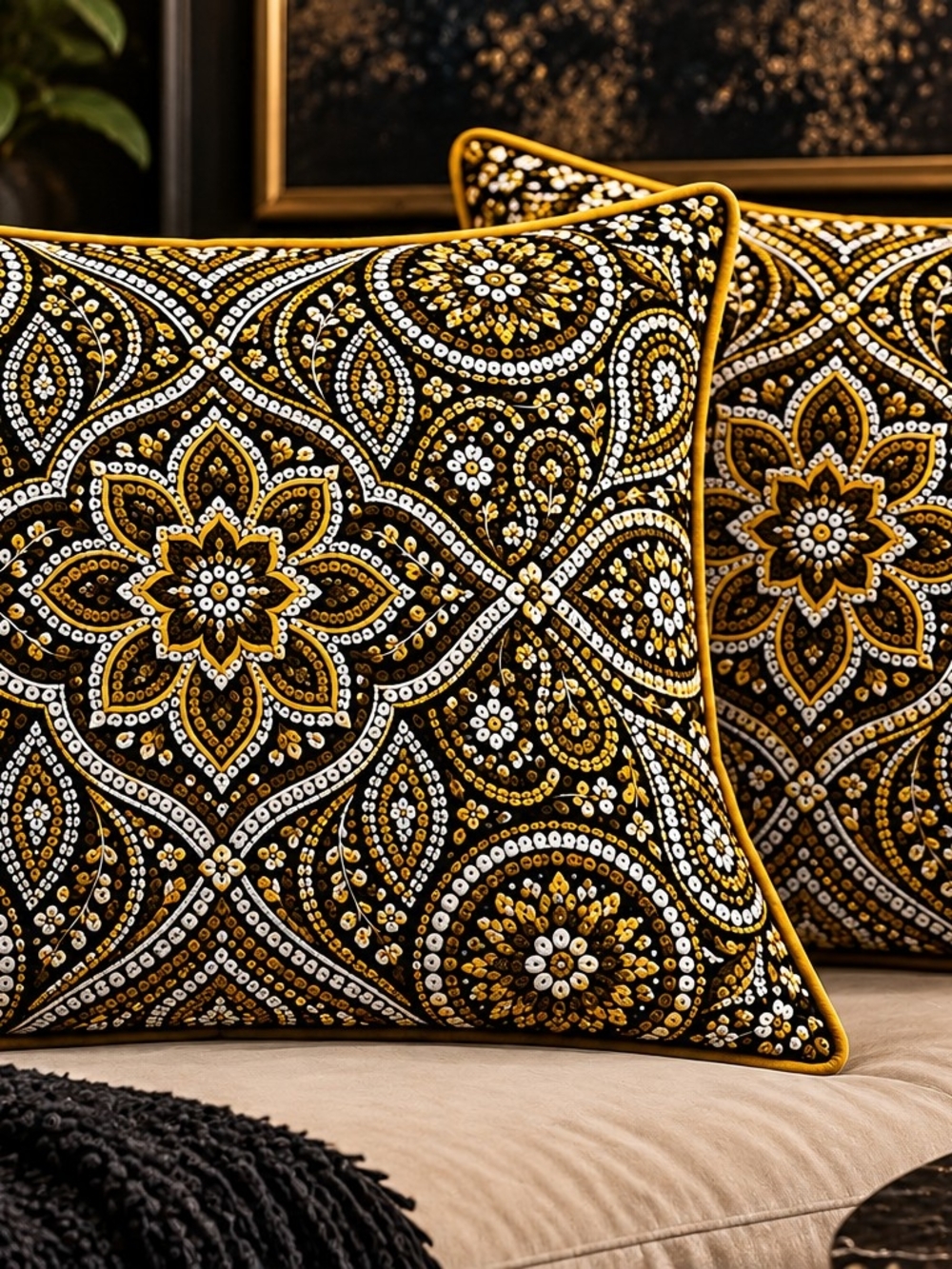 Black & Gold Patterned Accent Pillow Like New